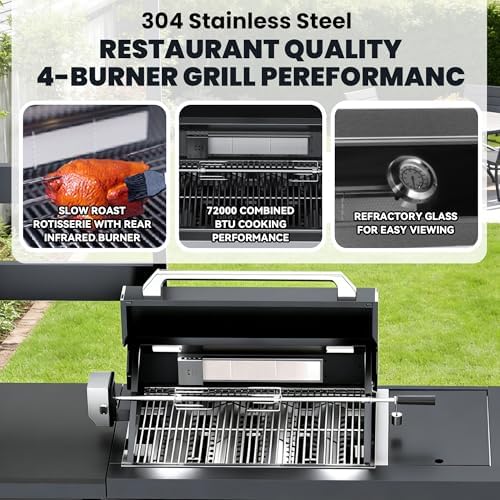 97-Inch 4-Burner 72000 BTU Propane Gas Grill Island with Shed, 304 Stainless Steel Black, Wine Cooler, Rotisserie & Granite Countertops for Backyard BBQ, Black - Image 4