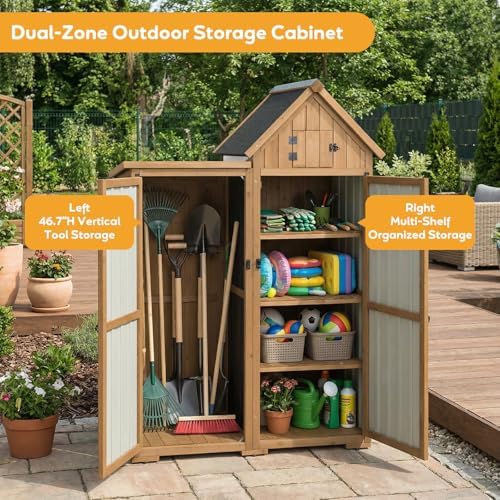 PetsCosset Outdoor Storage Cabinet Wood & Metal Garden Shed with Lockable Doors, 3 Adjustable Shelves, Weatherproof Patio Backyard Storage for Tools & Garden Supplies - Image 2