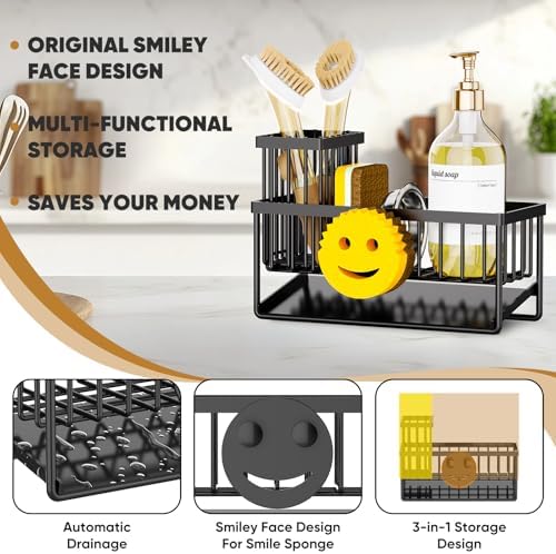 Sponge Holder for Kitchen Sink,Smiley Face Sink Caddy with Removable Brush Holder,Self-Draining Sponge Caddy for Sponge,Soap,Dish Brush,Scrubber,Kitchen Essentials and Gadgets - Image 2