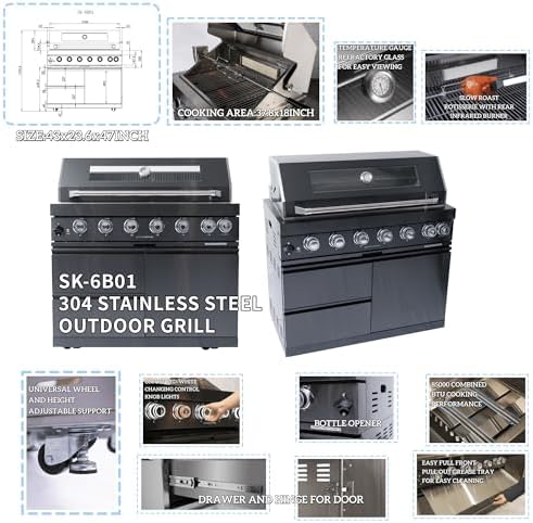 82 Inch Natural Gas Outdoor Kitchen Island with Grill - 6-Burner 85000 BTU, Height-Adjustable Infrared Rear Burner, Sink/Wine Cooler, Granite Countertops & Rotisserie Kit, For Patio, Lawn, Backyard - Image 4