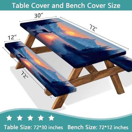 3 PCS Picnic Table Cover with Bench Covers & Storage Bag, Waterproof Fitted Camping Tablecloth with Elastic, 30x72 Inch, Sunset Mountain Lake Deer Forest Print, Indoor Outdoor Patio RV Party Table - Image 3
