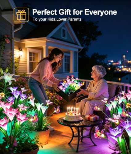 KOOPER Solar Lights Outdoor Garden Decor 10 Pack, 40 Lily Flowers and 30 Swaying Butterflies, IP65 Waterproof 7 Color Changing Solar Flower Lights for Yard Patio Pathway, Gifts for Mom Women Grandma - Image 7