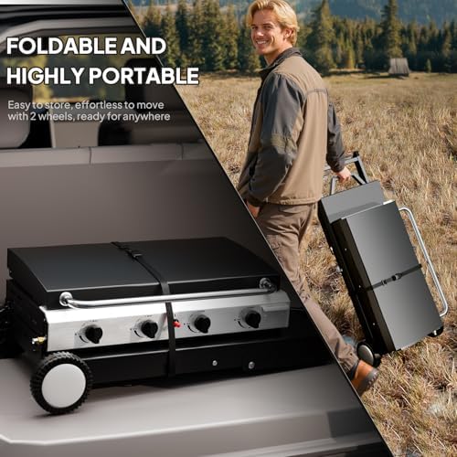 ROVSUN 4 Burner Foldable Propane Griddle with Wheels, Enameled Tray & Lid, 40000 BTU Portable Rolling Flat Top Gas Grill with Electronic Ignition & Regulator for Outdoor Cooking Camping BBQ Tailgating - Image 3