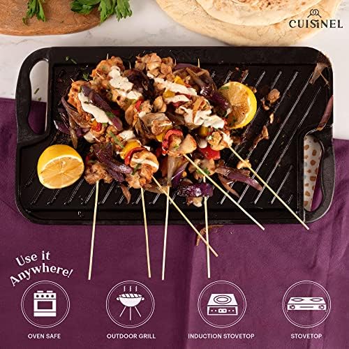 Cuisinel Cast Iron Griddle/Grill + Scraper/Cleaner - Reversible Pre-Seasoned 16.75" X 9.5"-inch Dual Handle Flat Skillet and Griller Pan - Works Indoor/Outdoor, Stove Burner, Gas, Fire - Image 4