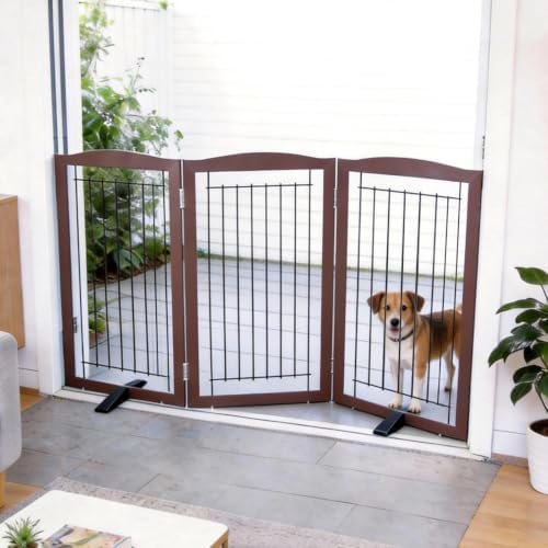 ZJSF Freestanding Dog Fence Indoor, Foldable Dog Gate for Doorways, Stairs or Hallways, Sturdy Wood Extra Wide Pet Gate with Support Feet for The House, Brown, 32 "Height-3 Panels by ZJSF
