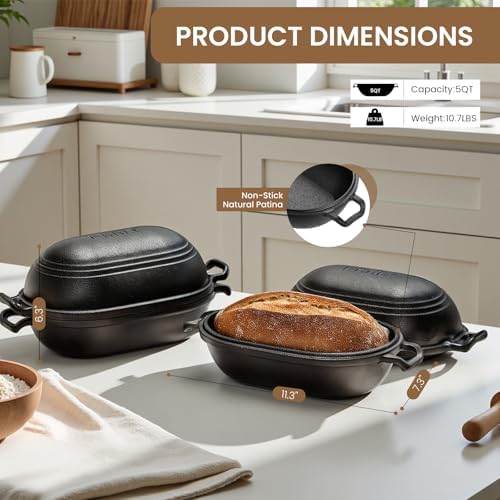 Cast Iron Loaf Pan with Lid-Bread Baking Pan for Sourdough,Pre-Seasoned Dutch Oven, 11 X 7 Inch Loaf Pans for Homemade,Heavy Duty with Even Heating - Image 2