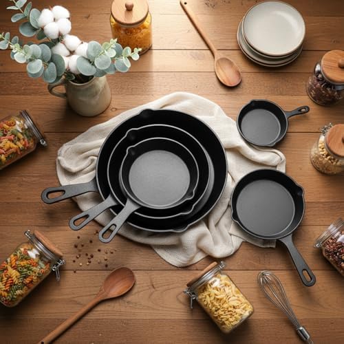Vesici 5 Pcs Cast Iron Skillet Frying Pans with Drip-spouts Circle Non-stick Frying Skillet Omelette Pan Safe Healthy Cookware for Home Barbecue Kitchen Party Restaurant Catering Service (Mixed Size) - Image 2