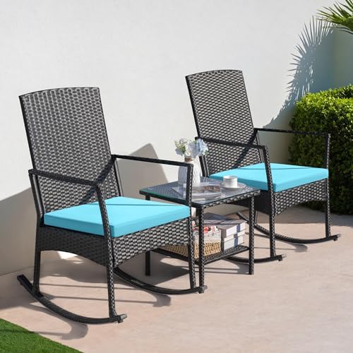 Greesum 3 Pieces Patio Furniture Set Outdoor Wicker Rocking Chairs,Blue - Image 3