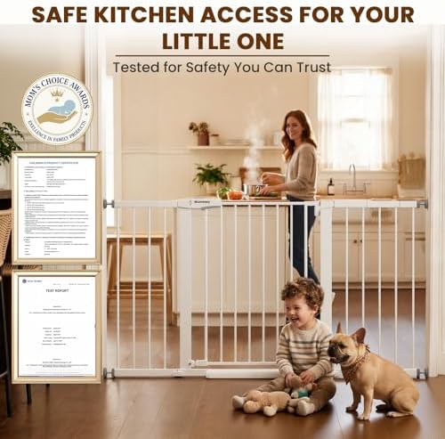 Mumeasy 29.7-57" Extra Wide Baby Gate, Auto Close Large Dog Gate for Doorways, No Drilling Pressure Mounted Pet Safety Gate for Stairs, Easy Walk Through Child Gate for Hallways, House, Indoor, White - Image 6
