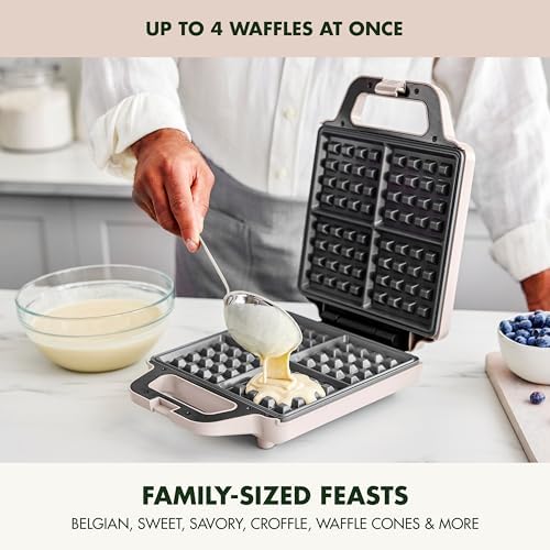 GreenPan Advanced Waffle Maker, 4-Square Belgian & Classic Waffle Maker, PFAS-Free Ceramic Nonstick, Cool-Touch Handle, Overheat Protection, Easy Clean, Clay - Image 3