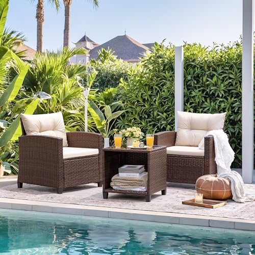 Devoko 3 Pieces Patio Furniture Set Outdoor Wicker Chairs and Table, Beige - Image 6