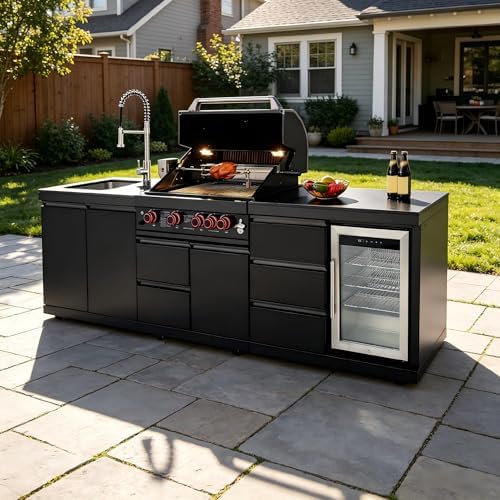 102.4'' Outdoor Kitchen Island, 59500 BTU, 4 Burners, Black by Unknown