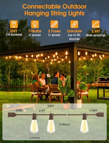 Larkvue 25FT Outdoor String Lights, Patio Lights with 10+1 LED Dimmable Waterproof Shatterproof Linkable ST38 Bulbs for Fence Porch Gazebo, Brown - Image 2