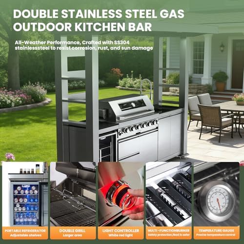 108" Outdoor Kitchen Island Crafted from Stainless Steel,6-Burner 85,000 BTU Propane Grill,Rotisserie Oven,Galvanized Steel Roof,Granite Countertops,Refrigerator,Storage Cabinets,Sink.(Propane Gas) - Image 5