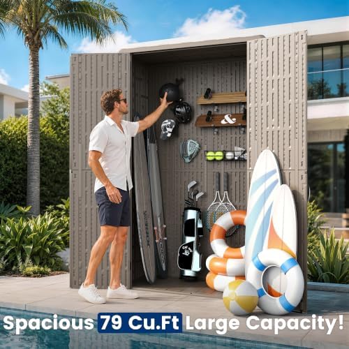 UPPATIO 79 Cu.Ft Outdoor Storage Shed,Vertical Resin Sheds with Shelf,Brown - Image 4