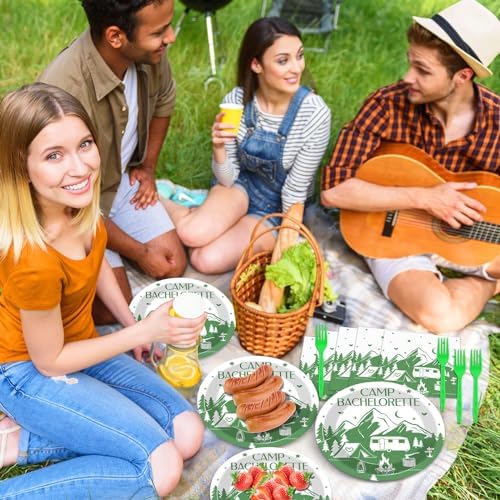 100 PCS Camp Bachelorette Party Supplies Tableware Set Mountain Camp Bachelorette Party Decorations Favors Paper Plates Napkins Forks for Girls Bridal Shower Wedding Engagement Serves 25 Guests - Image 6