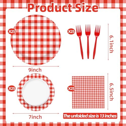 100 Pcs Red White Gingham Party Supplies Set, Serves 25 – Disposable Checkered Paper Plates, Napkins, and Forks, Classic Picnic Themed Tableware for BBQ, Outdoor, Birthday, Holiday Party Decorations - Image 2