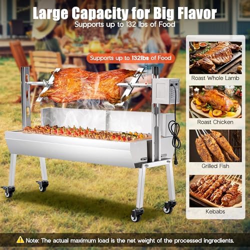 Jocisland Electric Rotisserie Grill Kit with Windscreen, 47.5" Height-Adjustable Charcoal Roaster, 132 Lbs Capacity, 45W Motor, Stainless Steel Spit with Lockable Wheels for Outdoor Camping - Image 4