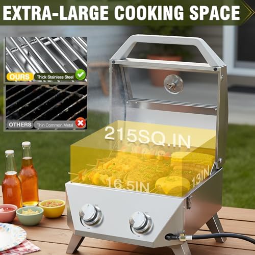 BESTFIRE Tabletop Gas Grill with 2 Burners & Viewing Glass Lid, 20,000 BTU Stainless Steel Portable BBQ Grill with Thermometer, Push-Button Ignition for Outdoor Patio, Camping, RV, Tailgating - Image 2