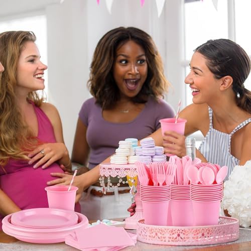 Kochorie 240 Pieces Pink Plastic Dinnerware Set Disposable Heavy Duty Plates Napkins Cups and Silverware Dessert Dinner Plates for Birthday Wedding Baby Shower Party Supplies, Serves 30 Guests - Image 6