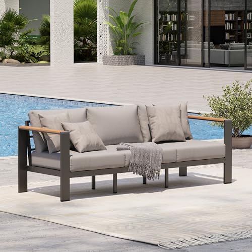 Aluminum Outdoor Patio Furniture, 3 Seats All-Weather Outdoor Patio Sofa with Washable Thick Cushion, Patio Sofa Couch for Porch, Balcony, Deck, Yard, Gray by Oasbira
