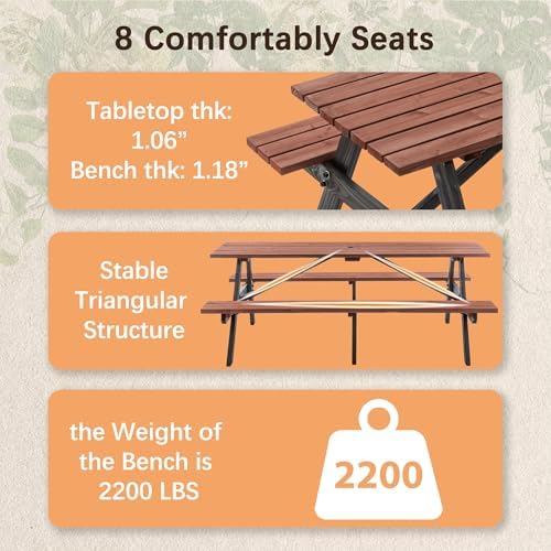 75'' Rectangular Outdoor Dining Table Wooden Patio Dining Table & 2 Built-in Bench for 8, 2" Umbrella Hole, Suitable for Picnic Backyard Garden Porch, Wood Brown - Image 5