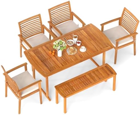 Tangkula 6 Pieces Outdoor Acacia Wood Dining Set, Rectangle Patio Dining Table with Umbrella Hole and 4 Cushioned Chairs and Bench, for Backyard Garden Poolside Deck by TANGKULA