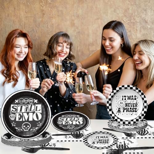 125 Pcs Emo Goth Punk Party Tableware for 25 Guests Scene Goth Rock Birthday Decorations | Punk Skull Thorn Disposable Plates Napkins Forks, Emo Gothic Supplies for Halloween Blink 182 Theme Party - Image 7