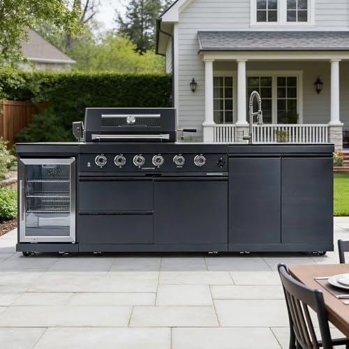 98" Rolling Outdoor Kitchen Island with Built-In 4 Burners 72,000 BTU Stainless Steel Gas Grill Featuring Rotisserie Oven,Granite Countertops,Beverage Fridge,Sink. (Black + Fridge + Sink, Propane Gas) by INOTEVERITORY