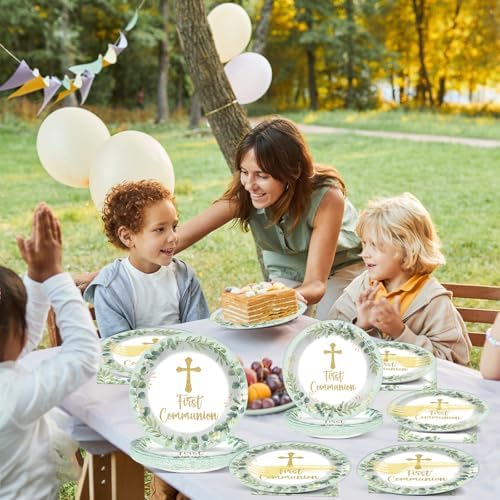 First Communion Party Plates Napkins Green God Bless Baptism Tableware Set Mi Bautizo Dinnerware Eucalyptus Leaf Disposable Paper Plate Fork for Christening Religious Baby Shower Supplies Serve 24 - Image 6