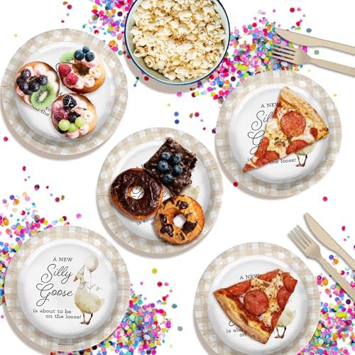 Birthday Galore Silly Goose Baby Shower - 32 Piece Disposable Party Supplies - Beige Gingham Baby Shower Decorations - Round Party Plates - Large 9" Paper Plates In Bulk - Image 5