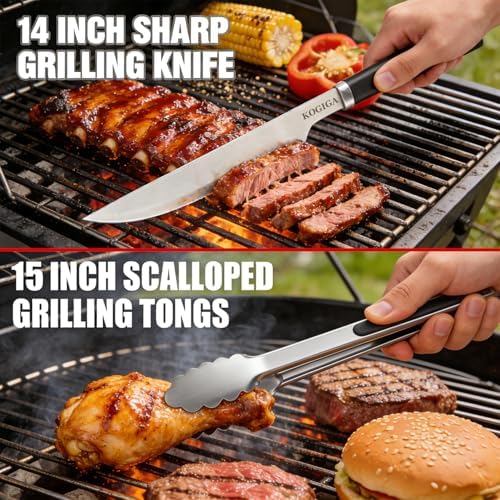 Heavy Duty BBQ Tools Grill Tools Set - Stainless Steel BBQ Grilling Tools Set with Serrated Spatula, Tongs, Knife, Spatula - Outdoor Barbecue Accessories Kit, Grilling Gifts for Men Dad - Image 6