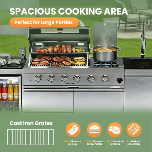 110" Outdoor Kitchen Island with 4-Burner 72000 BTU,Heavy-Duty Propane Grill with Side Burner,Rotisserie Oven,Galvanized Steel Roof,Granite Countertops,Refrigerator,Storage Cabinets,Sink(Propane Gas) - Image 3