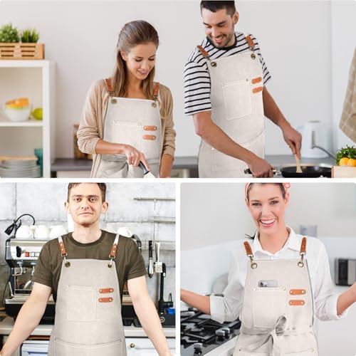 OUNLEN Chef Apron for Men Women Canvas Aprons with 3 Pockets Cross Back Resistant Work Apron for Cooking - Image 6