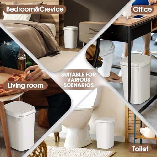 CEROELDA 3 Pack Bathroom Trash Can with Lid, 10L/2.6 Gal Small Garbage Can with Press Top Lid, Slim Plastic Waste Basket for Toilet, Office, Bedroom (White, 3 Pack) - Image 6