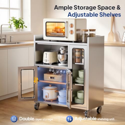 ROVSUN Stainless Steel Table with Cabinet & Wheels, 35.4" x 15.7" Commercial Kitchen Storage Cabinet for Pre Work with Glass Door, Large Storage Space for Kitchen Restaurant Garage Outdoor - Image 4