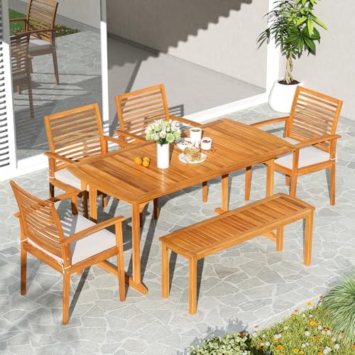Tangkula 6 Pieces Outdoor Acacia Wood Dining Set, Rectangle Patio Dining Table with Umbrella Hole and 4 Cushioned Chairs and Bench, for Backyard Garden Poolside Deck - Image 3