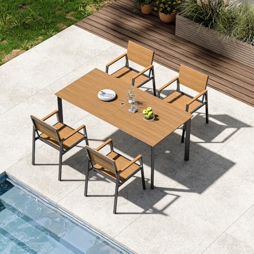 Outdoor Dining Set for 4, Aluminum Patio HDPS Outdooor Table and Chairs Set with Umbrella Hole, All Weather Patio Furniture Set, 5 Peice Patio Dining Table Set (Gray & Teak) by ComfCove