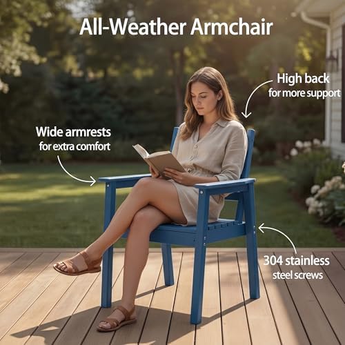 5-Piece Outdoor Dining Set, All-Weather HDPE Patio Furniture, 66.5" Slatted Table with 1.6" Umbrella Hole & 4 Ergonomic Armchairs, Heavy Duty 350lbs Capacity, UV Resistant, Blue - Image 6