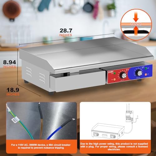 29’’ * 16’’ Commercial Electric Countertop Griddle -110V Flat Top Griddles w/ 122-572°F Adjustable Temperature and Non-Stick, 3000W Stainless Steel Electric Griddle w/ 10mm Thick Cast Iron - Image 3