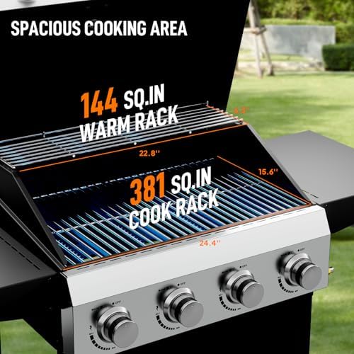 ROVSUN 4 Burner Propane Gas Grill with Foldable Side Shelves, 40000BTU BBQ Grills with Enameled Cast Iron Grates, Cabinet & Poratable Rolling Wheels for Outdoor Garden Patio Backyard Barbecue Cooking - Image 3