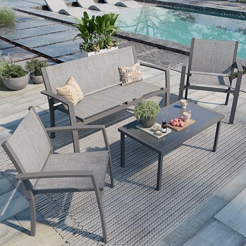 Shintenchi 4 Pieces Patio Furniture Set All Weather Textile Fabric Outdoor Conversation Set, with Glass Coffee Table, Loveseat, 2 Single Chairs for Home, Garden, Lawn, Porch（Silver） by Shintenchi%7CFurnitureMadeforRealLife