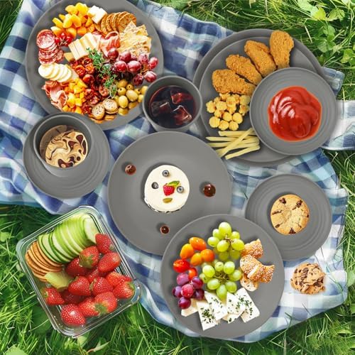 Wrova 40Pack plates and bowls sets for kitchen - Unbreakable wheat straw dinnerware sets service for 8 - Alternative plastic 40pcs dish sets for picnic,camping and R.V. - (Grey) - Image 6