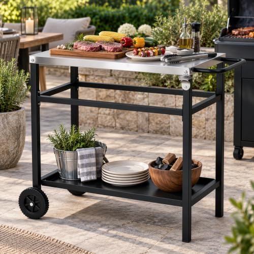 Outdoor Grill Cart, Stainless Steel BBQ Prep Table with 2-Tier Storage, Heavy-Duty Steel Frame, 6-Inch Wheels & Handle, Portable Outdoor Cooking Station for Patio, Backyard, Pizza Oven, Black & Silver - Image 2