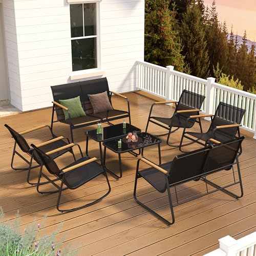 Ahomly 8-Piece Outdoor Patio Furniture Set, Textilene Rocking Set, Black - Image 4
