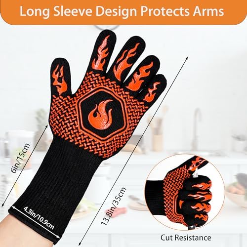 BBQ Fireproof Gloves, Grill Cut-Resistant Gloves 1472°F Heat Resistant Gloves, Non-Slip Silicone Oven Gloves, Kitchen Safe Cooking Gloves for Oven Mitts,Barbecue,Cooking, Frying,13.5 Inch-Orange - Image 2