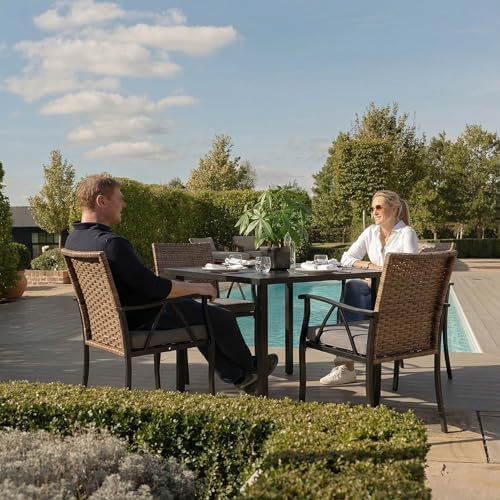 5-Piece Patio Dining Set for 4, Outdoor Dining Set with 4 Wicker Patio Dining Chairs with Cushions & 1 Black Square Woodgrain Dining Table with 1.75" Market Umbrella Hole, Black & Brown - Image 3