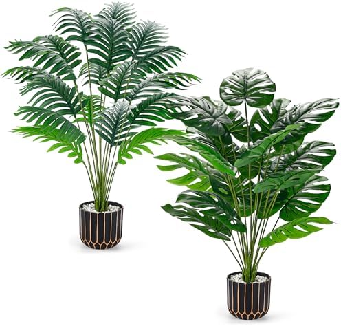 Der Rose 2 Pack 28" Fake Plants, Faux Palm and Monstera for Office Decor by DerRose