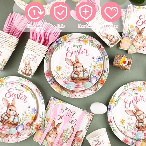 Kochorie 175 Pieces Easter Paper Plates and Napkins Disposable Colorful Eggs Easter Bunny Flower Tableware Set 7 Inch & 9 Inch Plates Napkins Cups Cutlery for Spring Holiday Party Decor, Serve 25 - Image 4