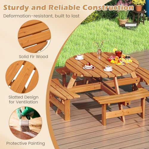GIANTEX 8-Person Round Picnic Table Set with 4 Benches, 550 LBS Bench Capacity, 2" Umbrella Hole, Circular Outdoor Wood Dining Table & Chairs for Patio Yard Garden Porch Deck (71”x71”x28”,Yellow) - Image 6
